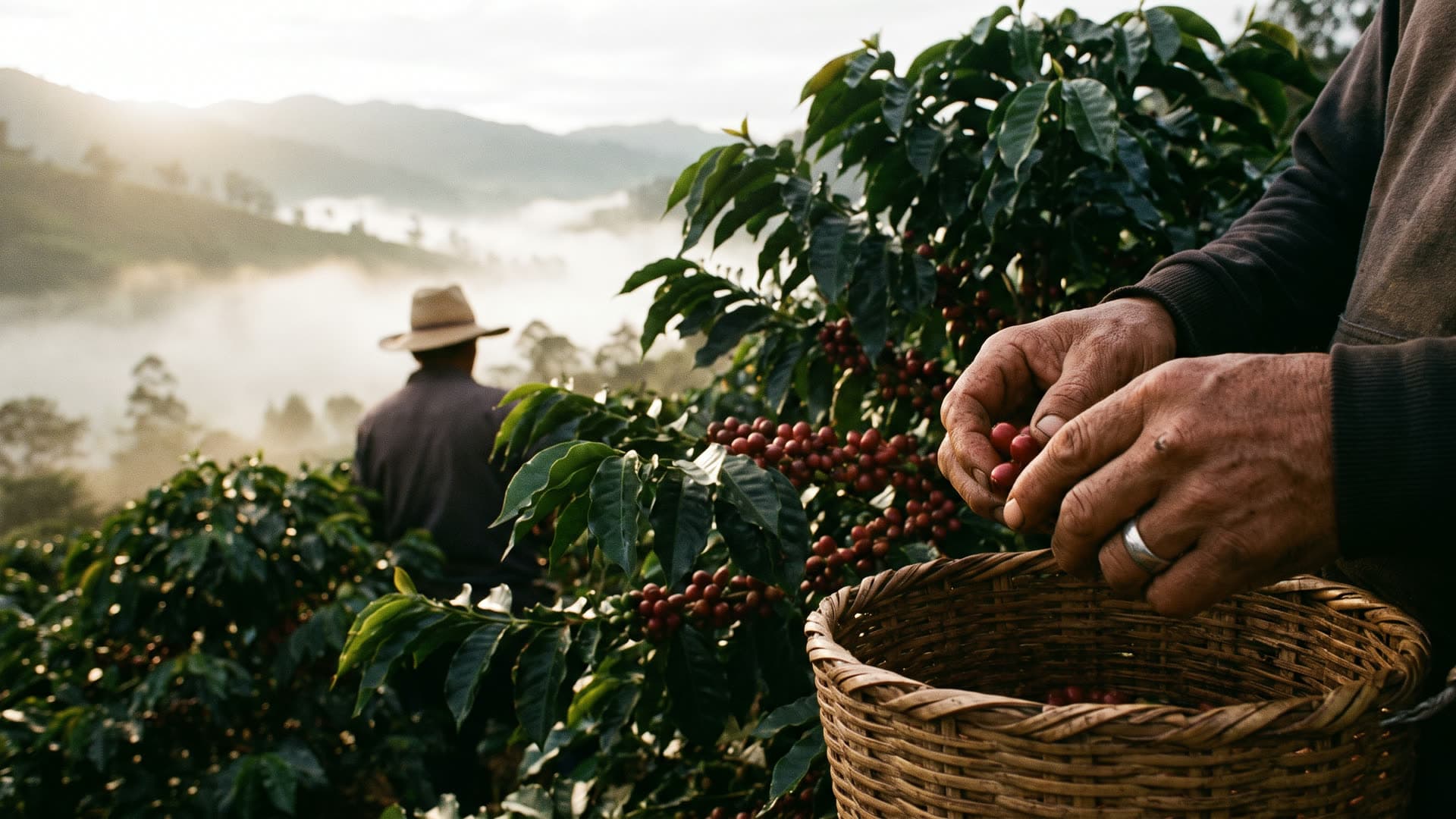 Modne røde kaffebær plukkes i hånden på en plantage i Sydamerika ved solopgang.